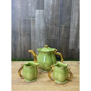 Vintage Pearl China Lime Green Lusterware Tea Set 22K Gold Teapot Creamer Sugar